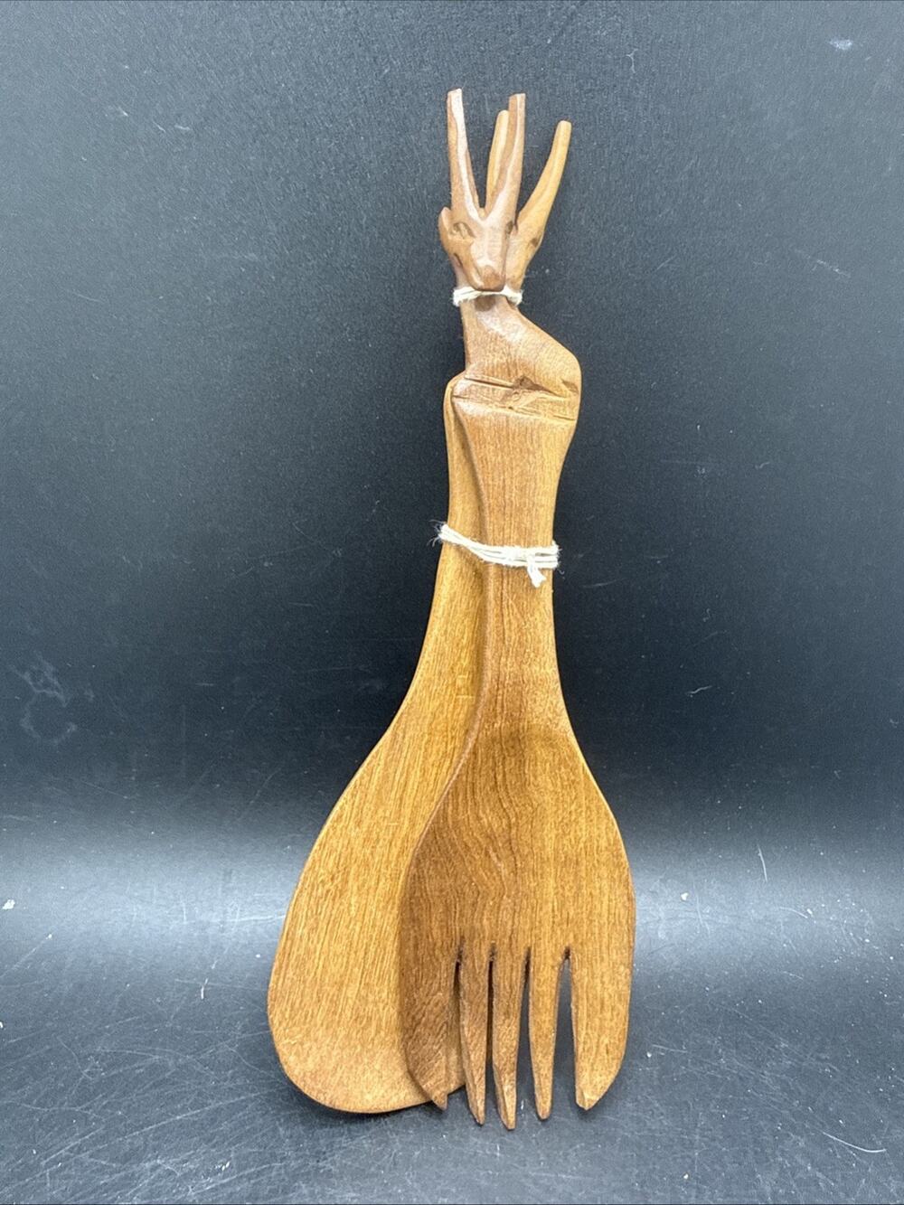 African-handmade-handcarved-animal-gazelle-salad server set-wood-fork and spoon
